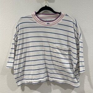 Quiksilver Striped Cropped Crewneck Surf Beach White Blue Pink T-Shirt Large